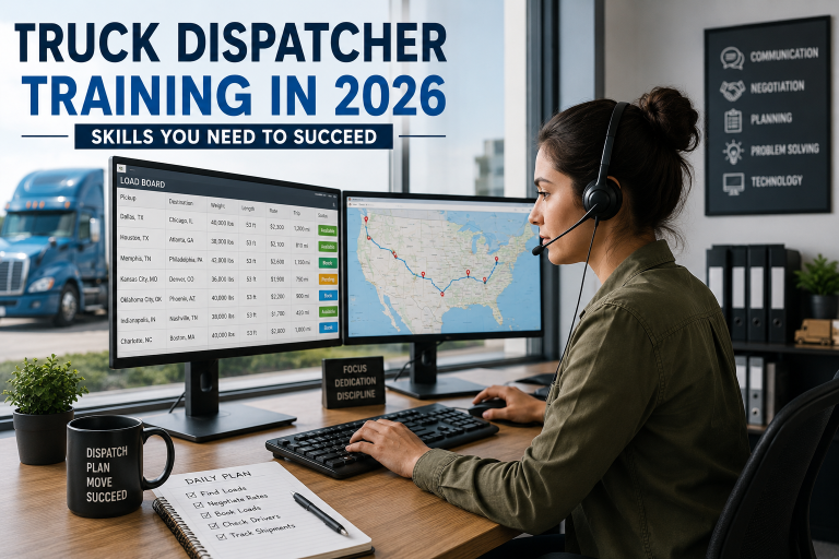 Truck dispatcher training professional working with freight load boards and logistics software
