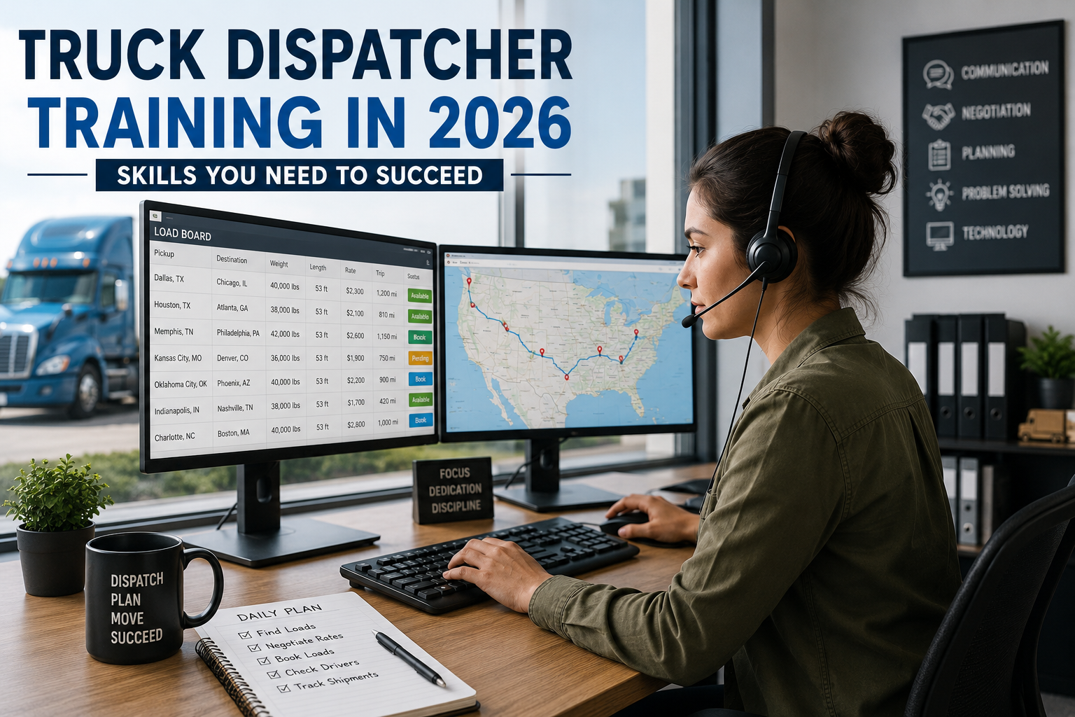 Truck dispatcher training professional working with freight load boards and logistics software